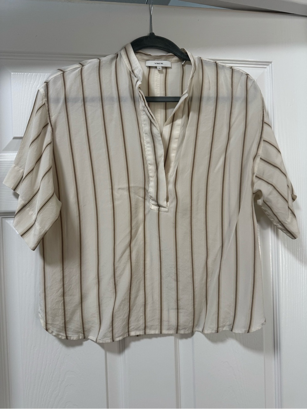 Vince Cream Blouse with Brown Vertical Stripes
